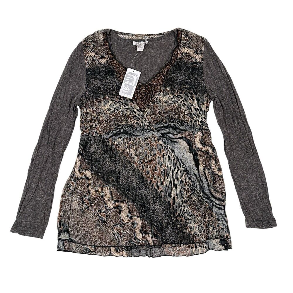 Alberto Makali‎ Top Women’s Size Large Gray V Neck Wrap Art To Wear Sequin NEW